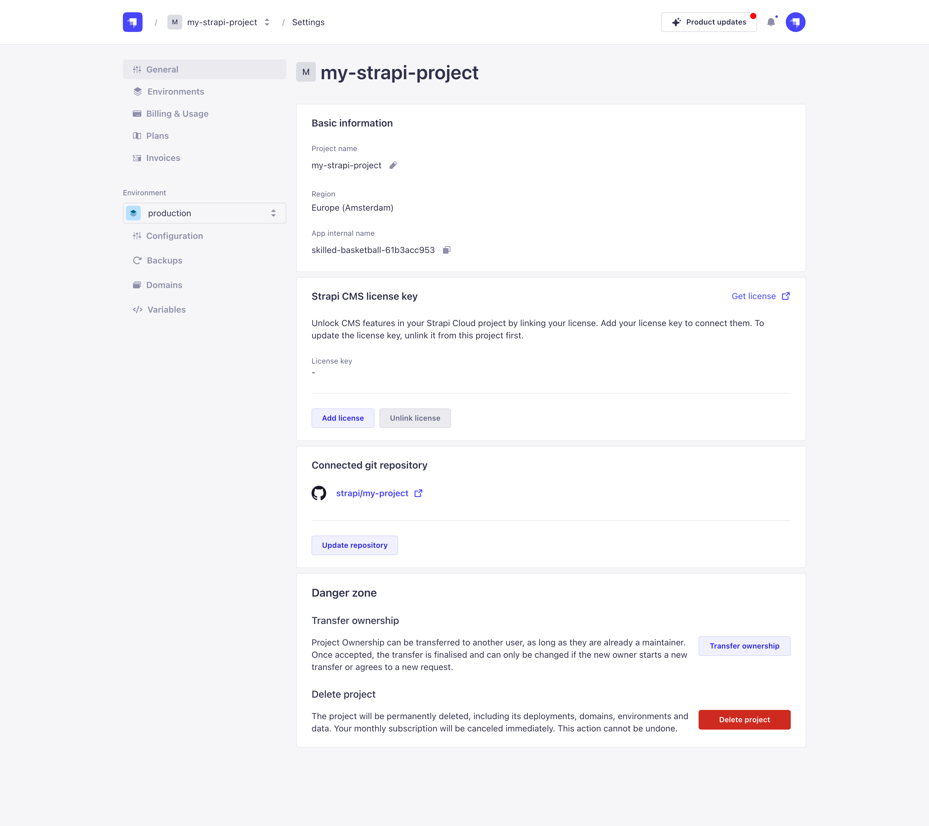 Project settings page